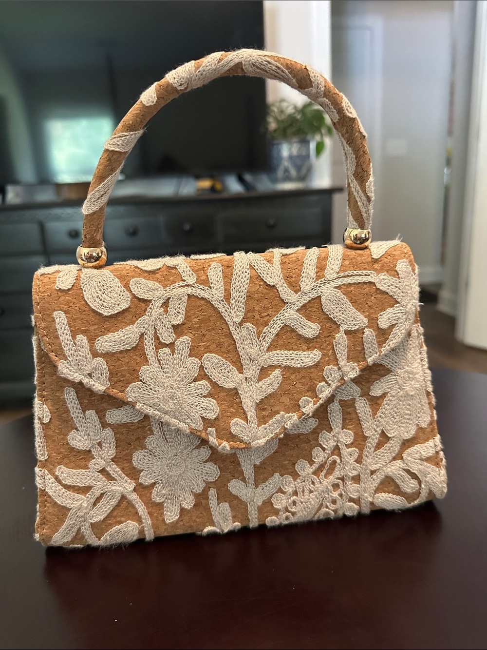 Haute Hippie Tan Mini Top-Handle Bag with Cream Floral Applique
